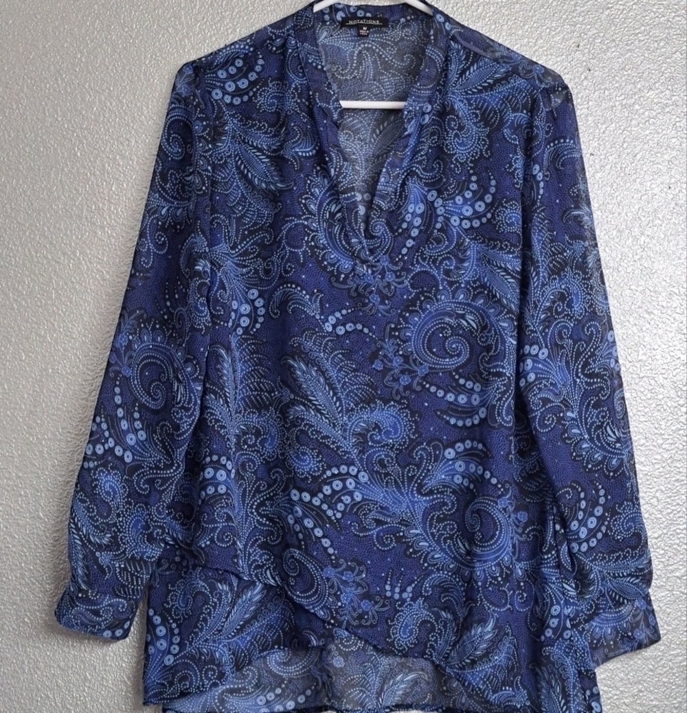 Notations Sheer Blue Print That Sparkles Blouse Size M